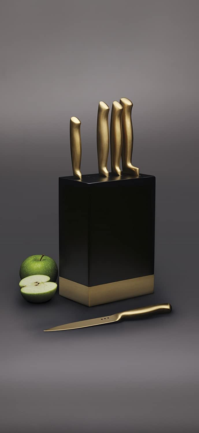 KitchenCraft MasterClass Brass-Coloured Stainless Steel Knife Set and Knife Block, Brass/Black, 5-Piece