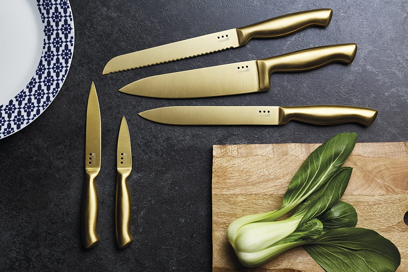 KitchenCraft MasterClass Brass-Coloured Stainless Steel Knife Set and Knife Block, Brass/Black, 5-Piece