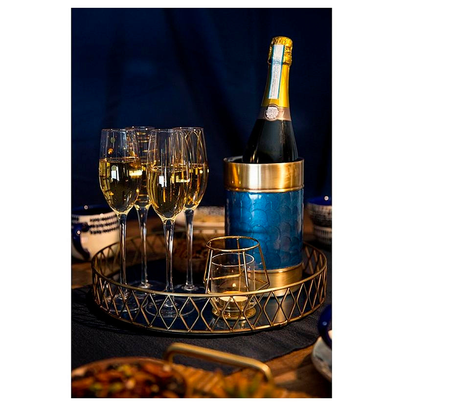 Stainless Steel Blue and Brass Finish Drinks Tray