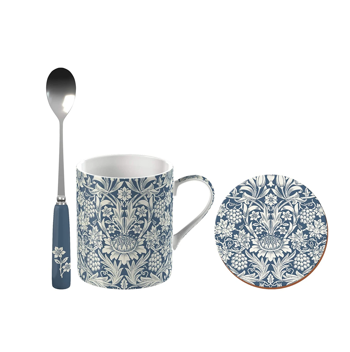 V&A William Morris Sunflower Printed Fine China Mug Set with Coaster and Teaspoon, Blue & White, 3 Pieces