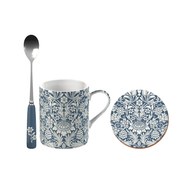 V&A William Morris Sunflower Printed Fine China Mug Set with Coaster and Teaspoon, Blue & White, 3 Pieces