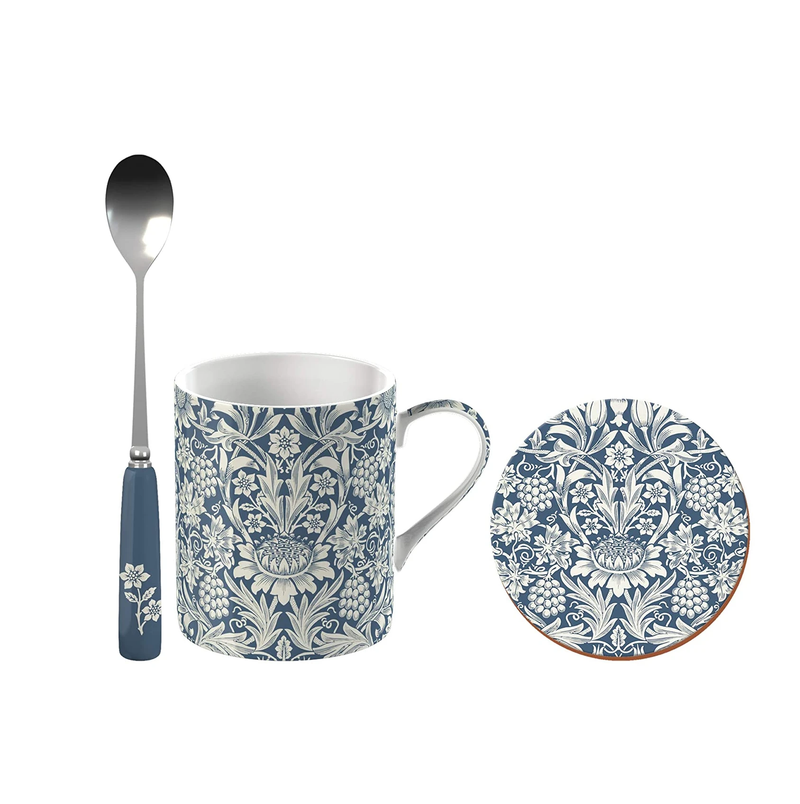 V&A William Morris Sunflower Printed Fine China Mug Set with Coaster and Teaspoon, Blue & White, 3 Pieces