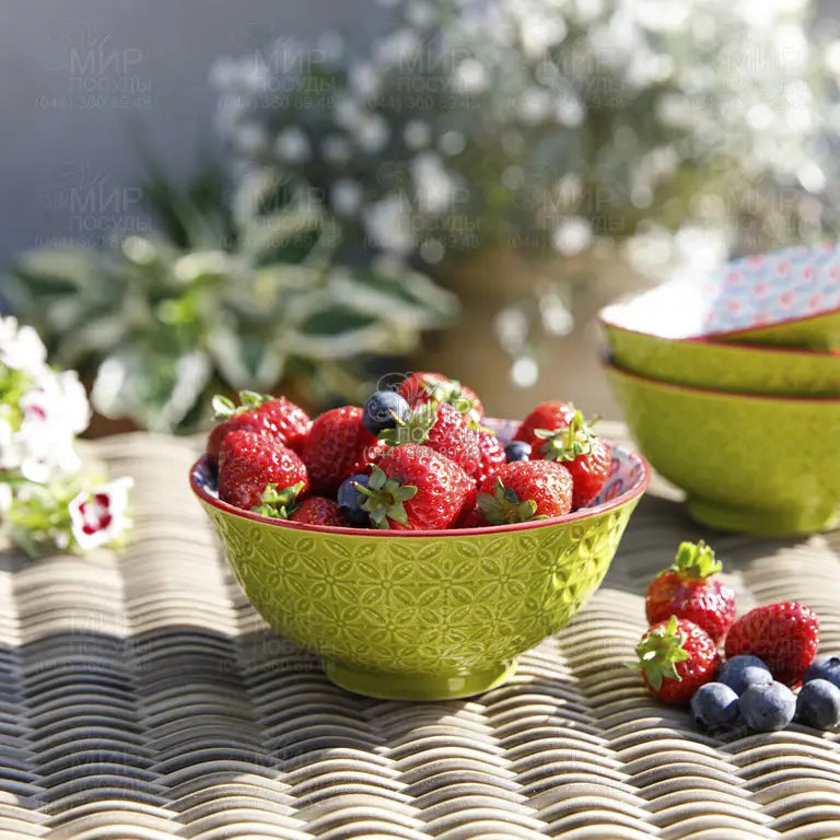 Kitchencraft Stoneware Bowl - Bright Green Geometric