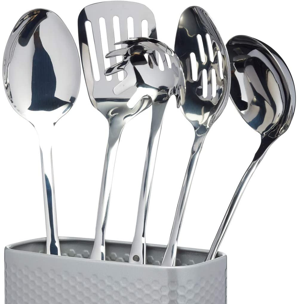 LOVELLO KitchenCraft Textured Utensil Holder with Geometric Hexagon Pattern, 20 x 10 x 18 cm (8" x 4" x 7") - Shadow Grey