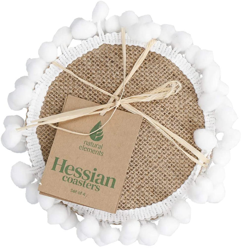 KitchenCraft Natural Elements Hessian Drink Coasters Set , 4 Pack of Woven Jute Mats with Pom Pom Decorations, 15cm NECTHESPK4 medium