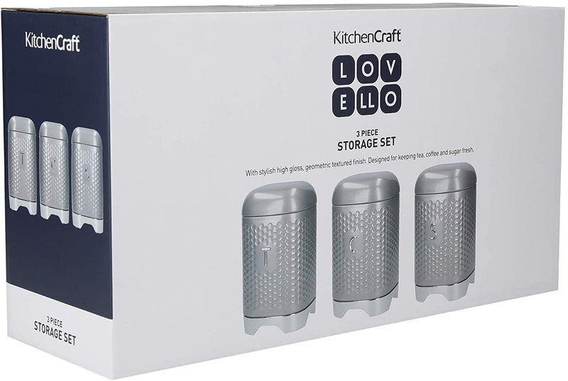 KitchenCraft Lovello Storage Canisters for Tea Coffee and Sugar in Gift Box, Textured Hexagonal Finish, Steel, Shadow Grey