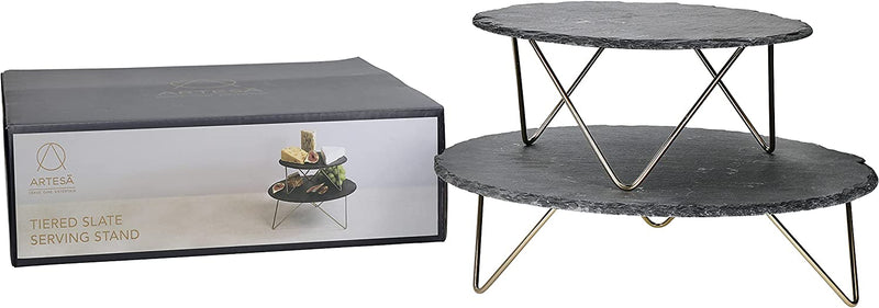 Artesà Multi-Tier Serving Plate, 2 Round Slate Serving Stands with Raised Metal Legs, for Tea Hours, Cheese, Cakes, Sandwiches and More, 30.5 x 30.5 x 24 cm