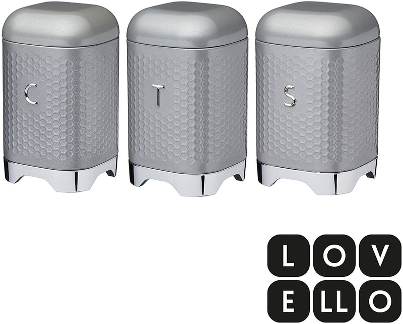 KitchenCraft Lovello Storage Canisters for Tea Coffee and Sugar in Gift Box, Textured Hexagonal Finish, Steel, Shadow Grey