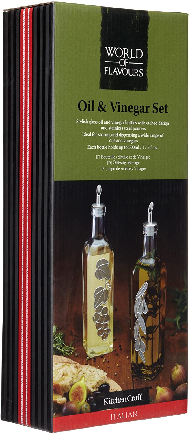 KitchenCraft World of Flavours Decorated Glass Oil and Vinegar Bottles, 500 ml & Stainless Steel Mini Kitchen/Hip Flask Funnel, 5.5 cm (2")