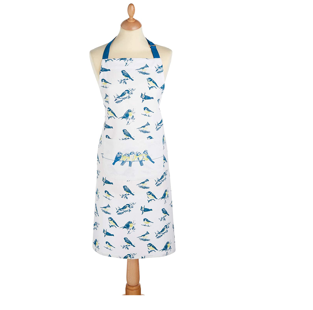 KitchenCraft 'Blue Birds' Cooking Apron - 100% Cotton Kitchen Apron with Adjustable Straps, White / Blue, One Size Fits All
