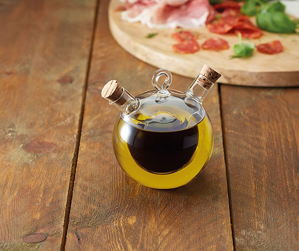 KitchenCraft World of Flavours 2-in-1 Round Olive Oil Dispenser and Vinegar Bottle - Clear Glass