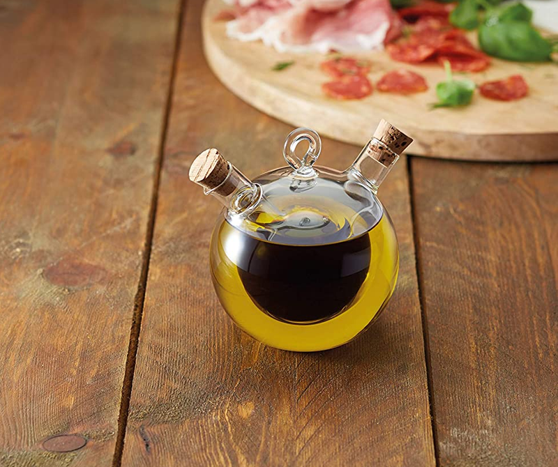 KitchenCraft World of Flavours 2-in-1 Round Olive Oil Dispenser and Vinegar Bottle - Clear Glass