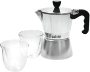 La Cafetière Coffee Gift Set with Mini Stovetop Espresso Maker & 2 Double Wall Espresso Glasses, Aluminium / Borosilicate Glass, 3 Pieces in Box