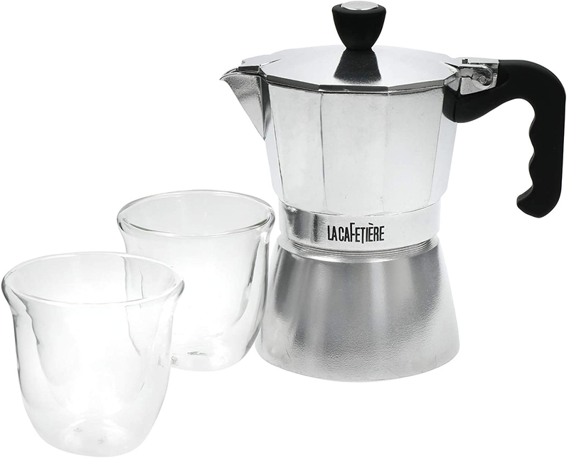 La Cafetière Coffee Gift Set with Mini Stovetop Espresso Maker & 2 Double Wall Espresso Glasses, Aluminium / Borosilicate Glass, 3 Pieces in Box
