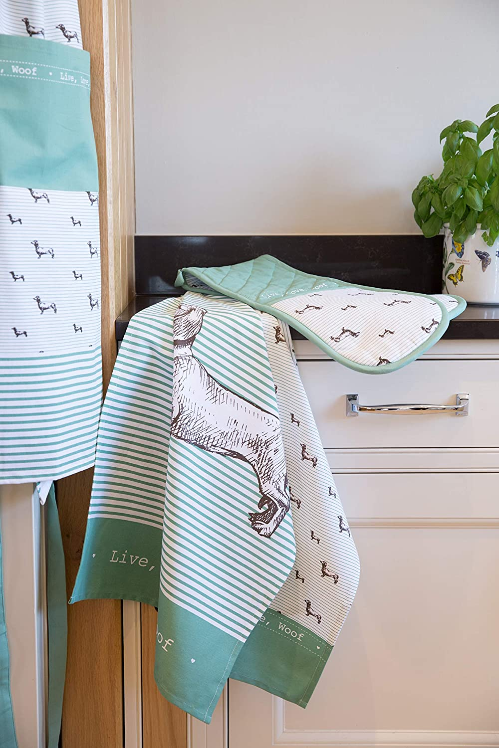KitchenCraft Tea Towels Set, White/Sage Green, Pack of 2