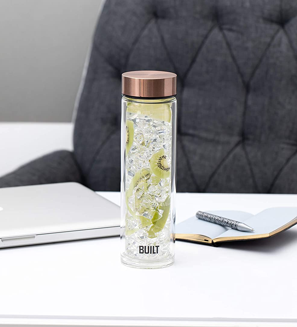 Built Tiempo Insulated Glass Water Bottle, BPA Free Borosilicate Glass / Stainless Steel Flask, Rose Gold, 450ml