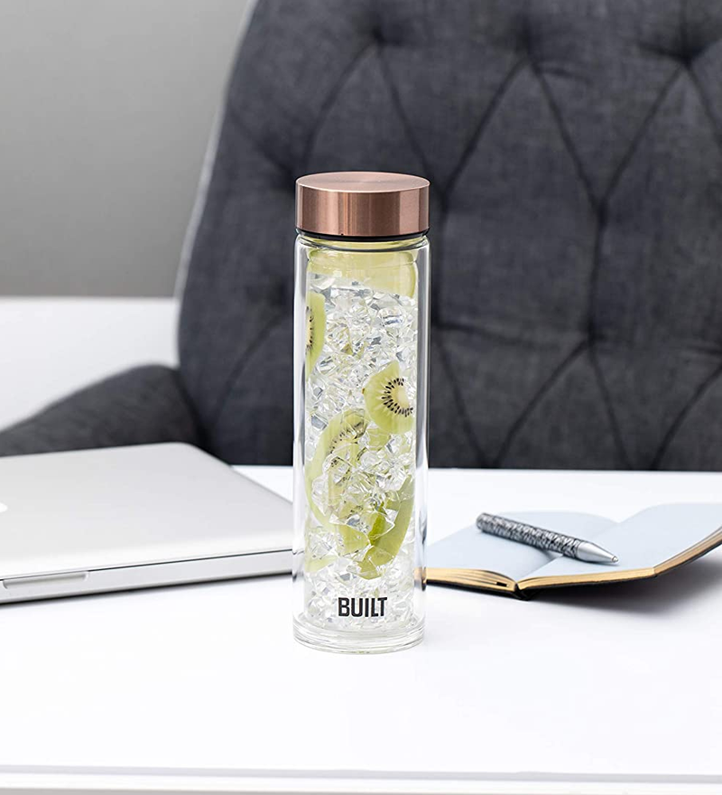 Built Tiempo Insulated Glass Water Bottle, BPA Free Borosilicate Glass / Stainless Steel Flask, Rose Gold, 450ml