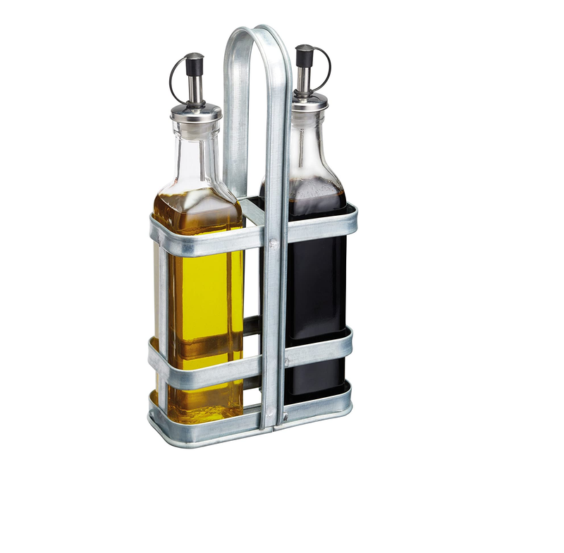 KitchenCraft Industrial Kitchen Vintage-Style Cruet Set with Galvanised Steel Bottle Stand, 13 x 7 x 28 cm (5" x 2.5" x 11")