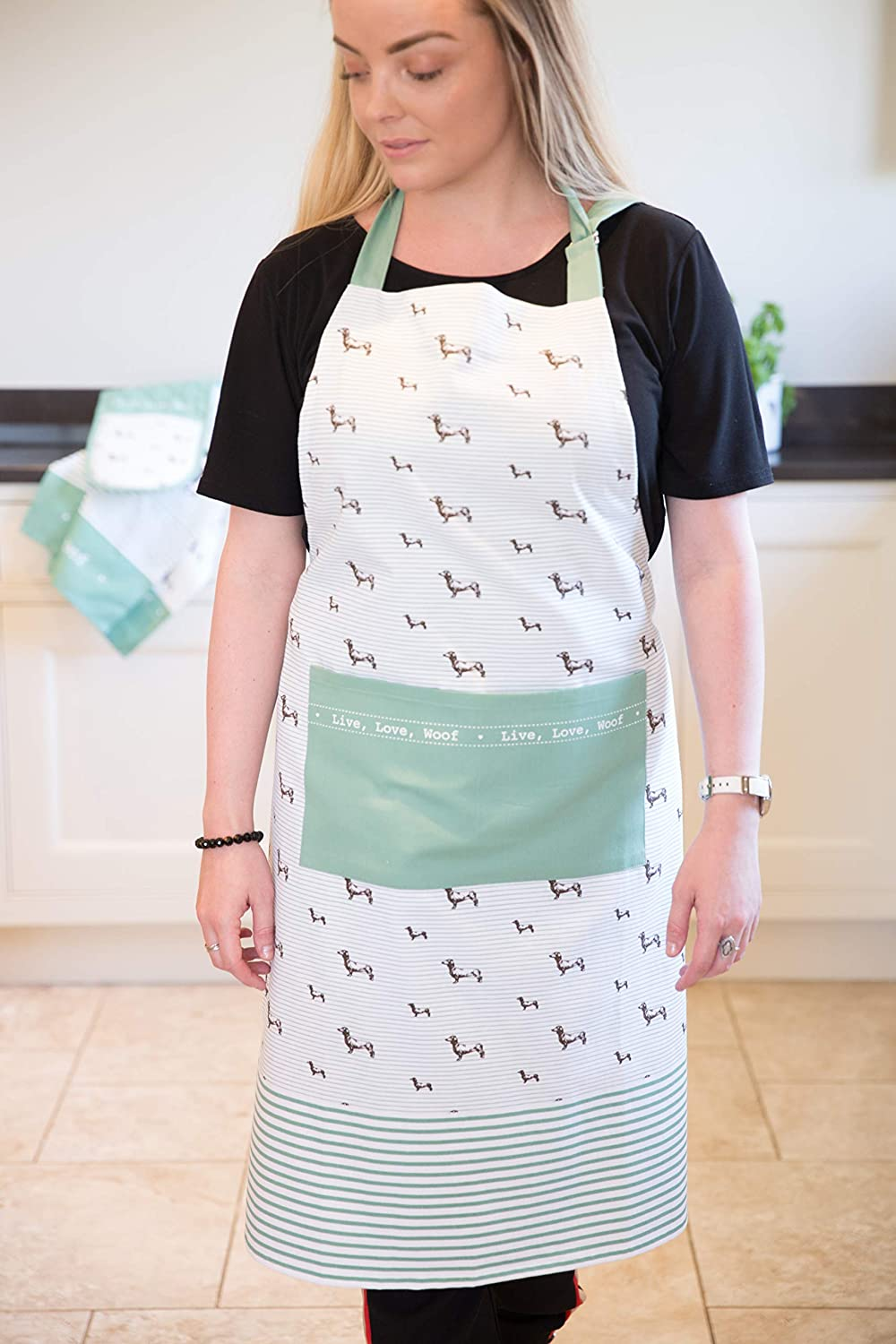 KitchenCraft KCDACHAPRON 'Dachshund' Cooking Apron - 100% Cotton Kitchen Apron with Adjustable Straps, White / Sage Green, One Size Fits All