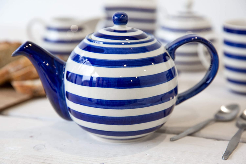 London Pottery JY18LT02 Out of the Blue Globe Teapot with Strainer, Stoneware, Navy Blue Stripe Design, 4 Cup (900 ml)