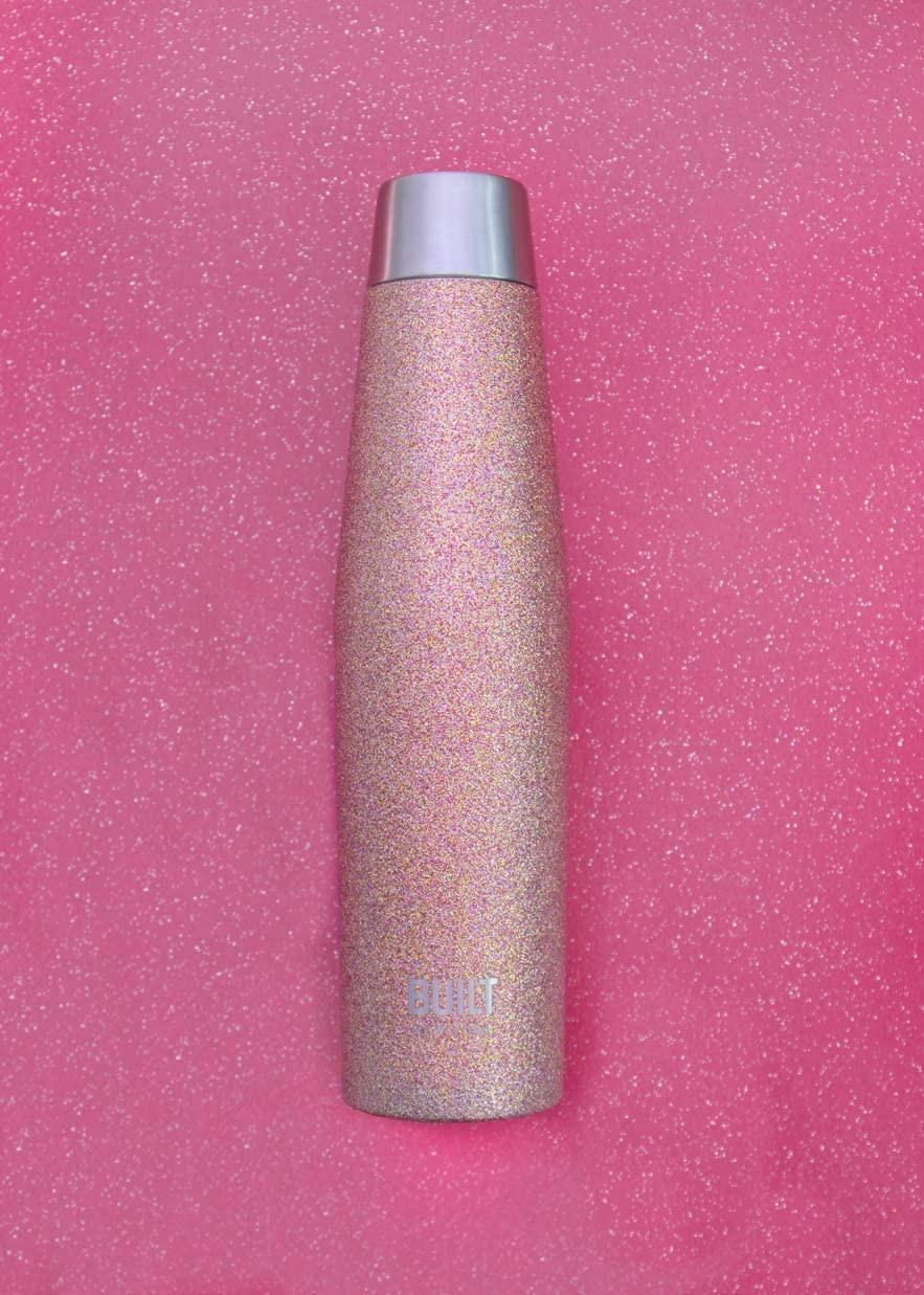 Built Apex Insulated Water Bottle with Leakproof Ideal Seal Lid, Sweatproof 100% Reusable BPA Free 18/10 Stainless Steel Flask, Rose Gold Glitter, 540ml