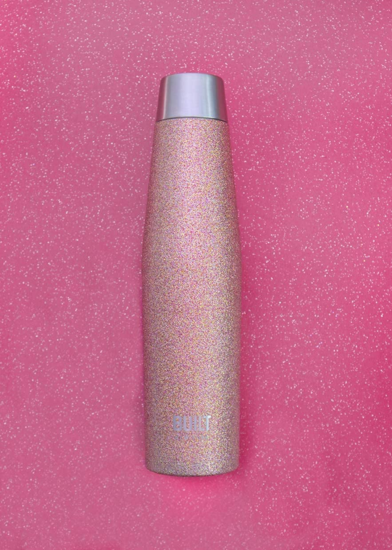 Built Apex Insulated Water Bottle with Leakproof Ideal Seal Lid, Sweatproof 100% Reusable BPA Free 18/10 Stainless Steel Flask, Rose Gold Glitter, 540ml
