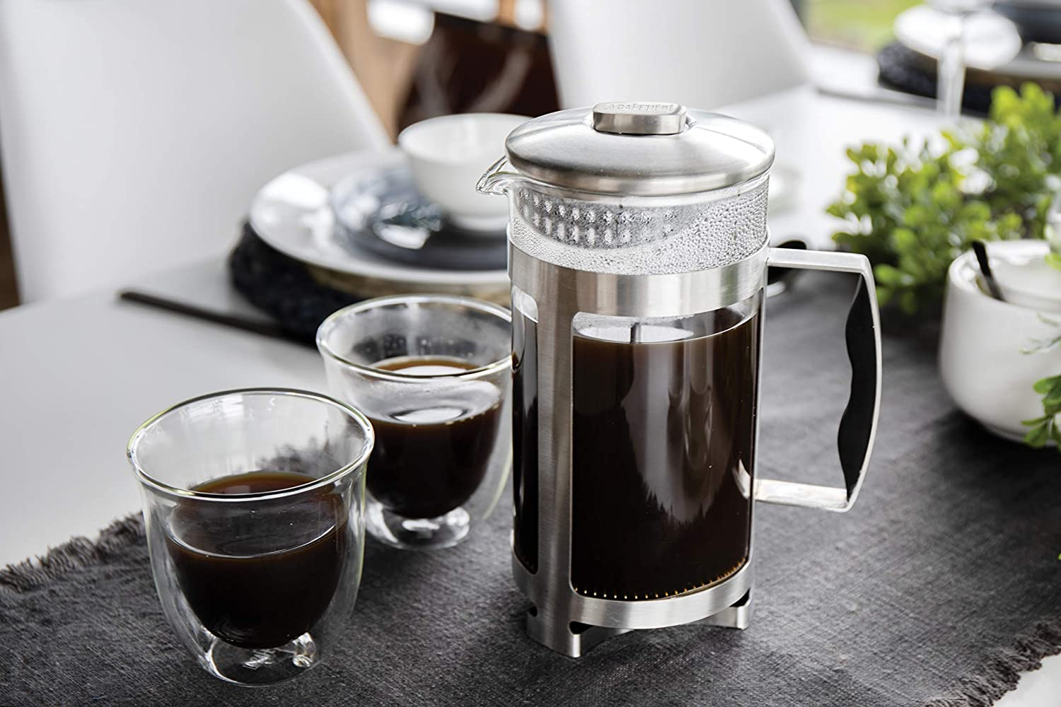 La Cafetière Coffee Gift Set with 8 Cup Cafetiere & Double Walled Coffee Glasses, Stainless Steel / Borosilicate Glass, 3 Pieces in Box