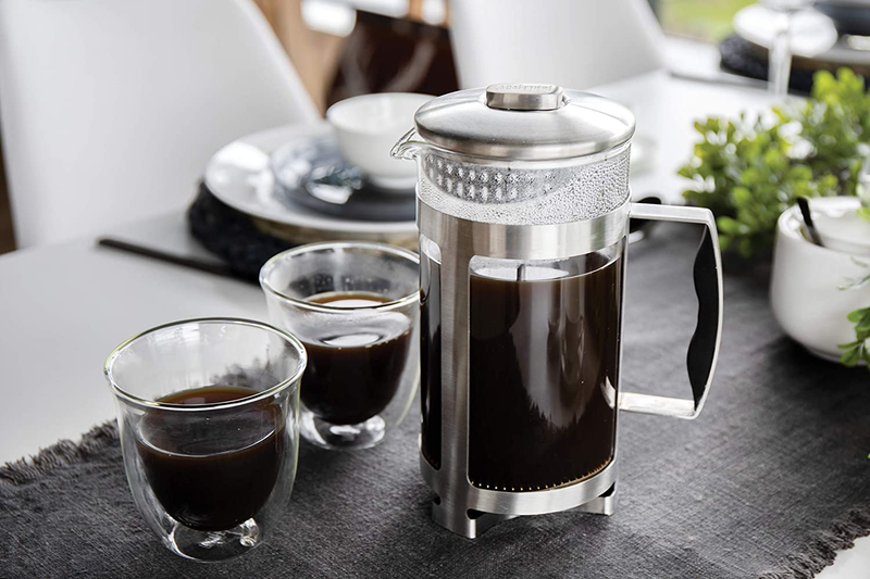 La Cafetière Coffee Gift Set with 8 Cup Cafetiere & Double Walled Coffee Glasses, Stainless Steel / Borosilicate Glass, 3 Pieces in Box