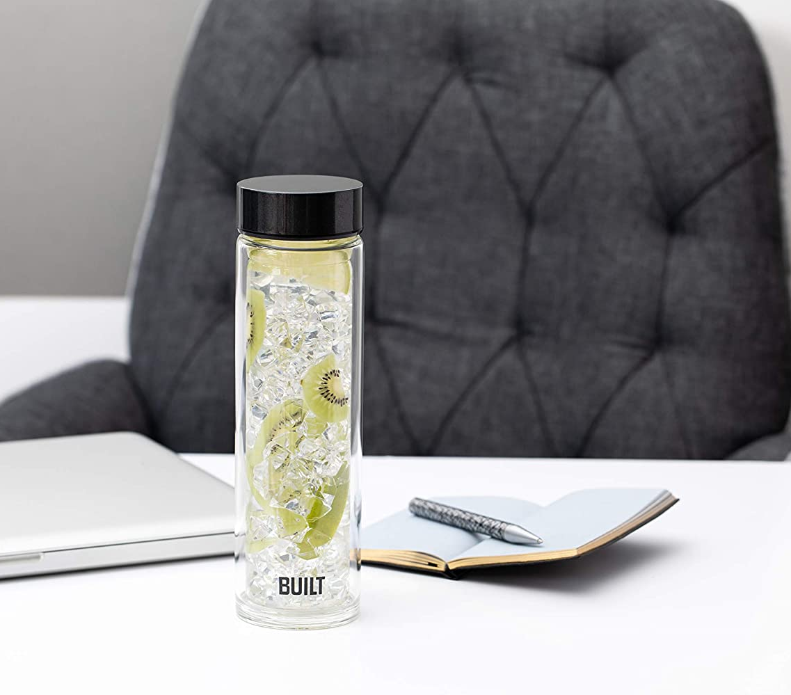 Built Tiempo Insulated Glass Water Bottle, BPA Free Borosilicate Glass / Stainless Steel Flask, Charcoal, 450ml