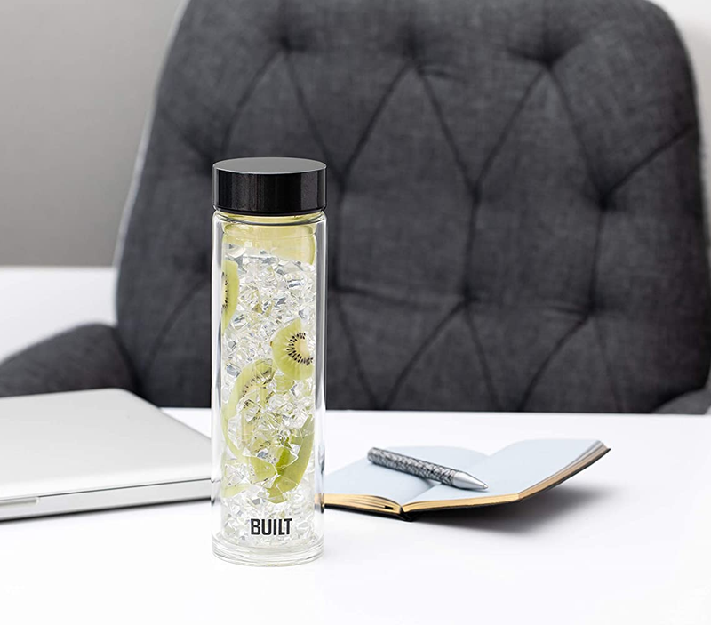 Built Tiempo Insulated Glass Water Bottle, BPA Free Borosilicate Glass / Stainless Steel Flask, Charcoal, 450ml