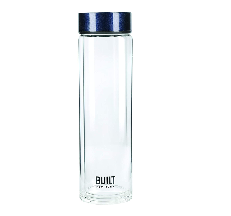 BUILT Tiempo Insulated Glass Water Bottle, BPA Free Borosilicate Glass / Stainless Steel Flask, Midnight Blue, 450ml