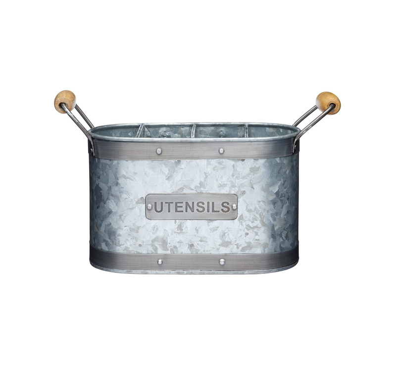 KitchenCraft INDUTENHLD Industrial Kitchen Galvanised Steel Utensil Holder, 27.5 x 11 x 17 cm (11" x 4.5" x 6.5"), Grey/Brown