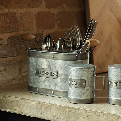 KitchenCraft INDUTENHLD Industrial Kitchen Galvanised Steel Utensil Holder, 27.5 x 11 x 17 cm (11" x 4.5" x 6.5"), Grey/Brown