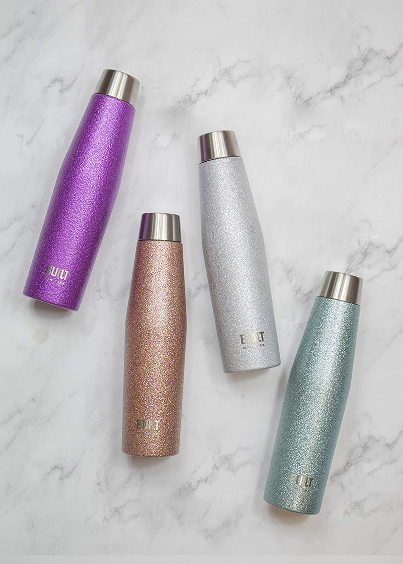 BUILT Apex Insulated Water Bottle w/ Leakproof Perfect Seal Lid, Sweatproof 100 percent Reusable BPA Free 18/10 Stainless Steel Flask, Silver Glitter, 540ml