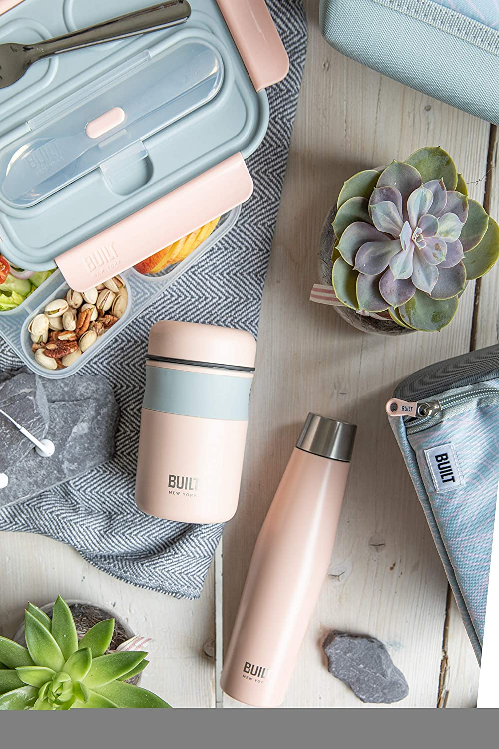 BUILT Double Wall Vacuum Insulated Food Flask for Hot and Cold Foods, Stainless Steel, Pale Pink, 490 ml