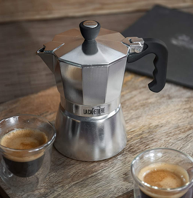 La Cafetière Coffee Gift Set with Mini Stovetop Espresso Maker & 2 Double Wall Espresso Glasses, Aluminium / Borosilicate Glass, 3 Pieces in Box