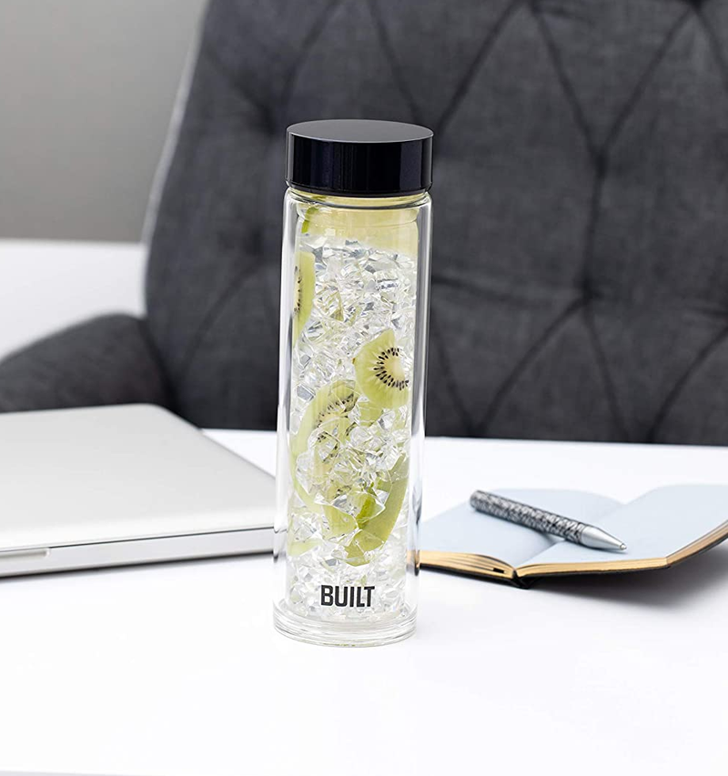 BUILT Tiempo Insulated Glass Water Bottle, BPA Free Borosilicate Glass / Stainless Steel Flask, Midnight Blue, 450ml