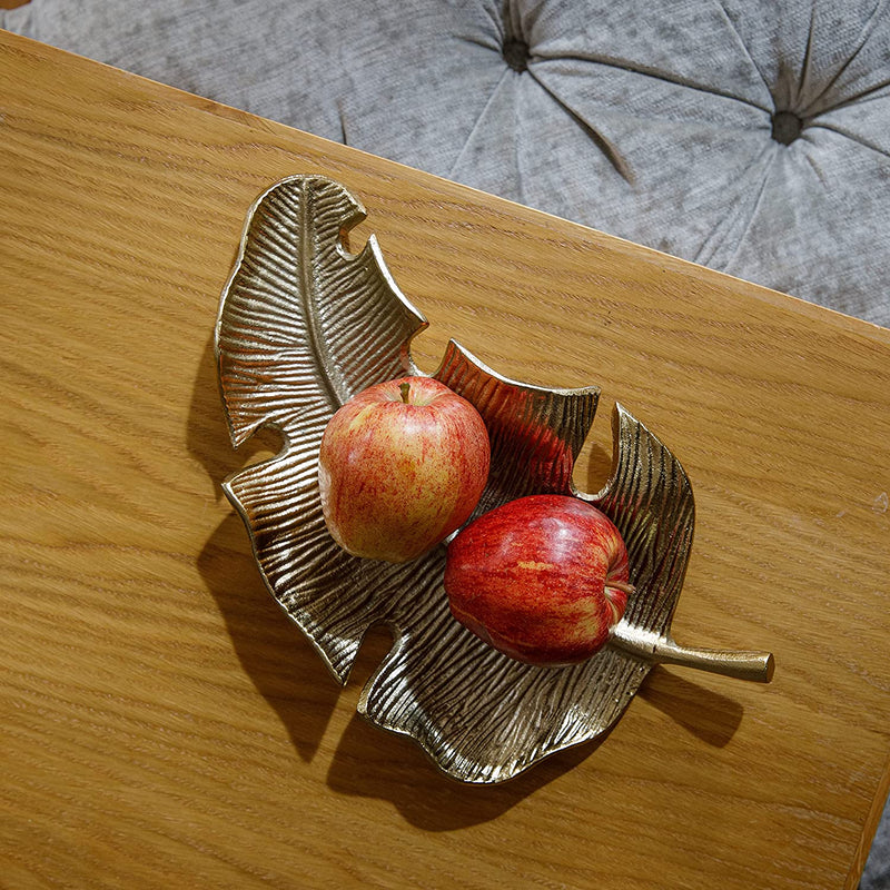 Artesà Gold Palm Leaf Plate, Cast Aluminium Serving Platter with Gold-Coloured Finish, 33 x 18.5cm
