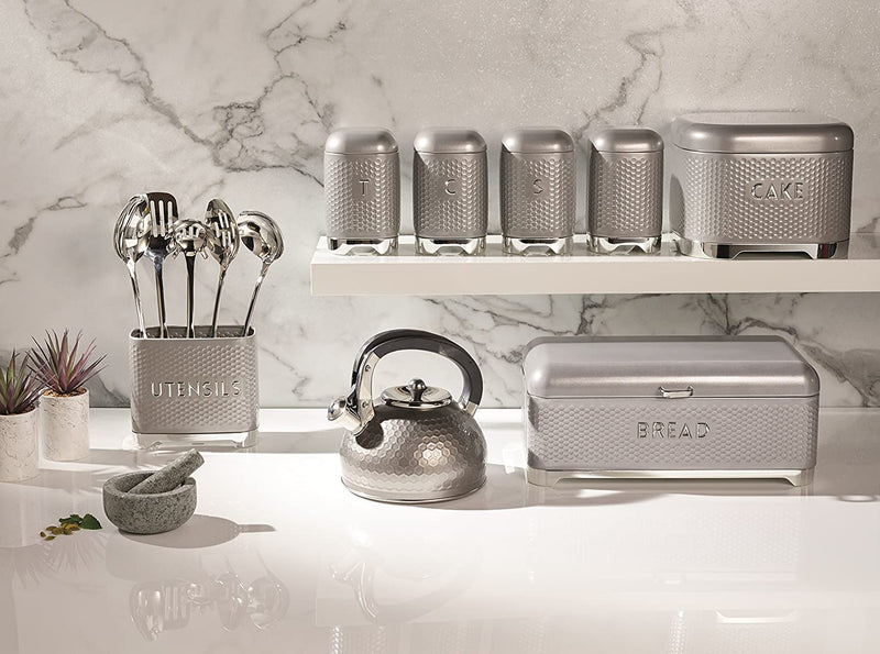 LOVELLO KitchenCraft Textured Utensil Holder with Geometric Hexagon Pattern, 20 x 10 x 18 cm (8" x 4" x 7") - Shadow Grey