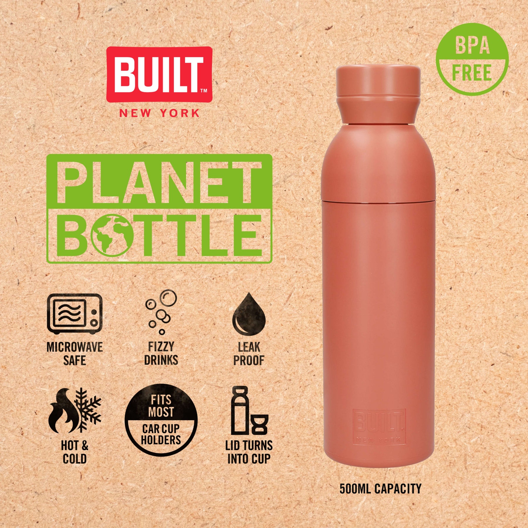 BUILT Planet Bottle - Coral (500 ml) BUILT Planet Bottle - Coral (500 ml)