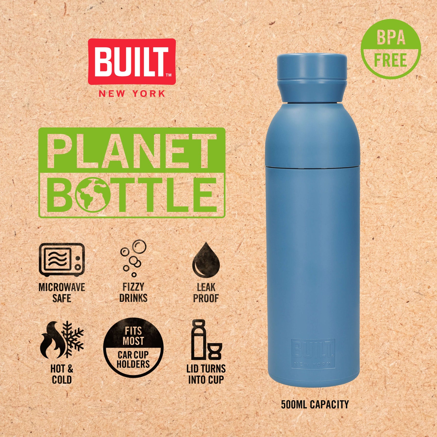 BUILT Planet Bottle - Blue (500 ml) BUILT Planet Bottle - Blue (500 ml)