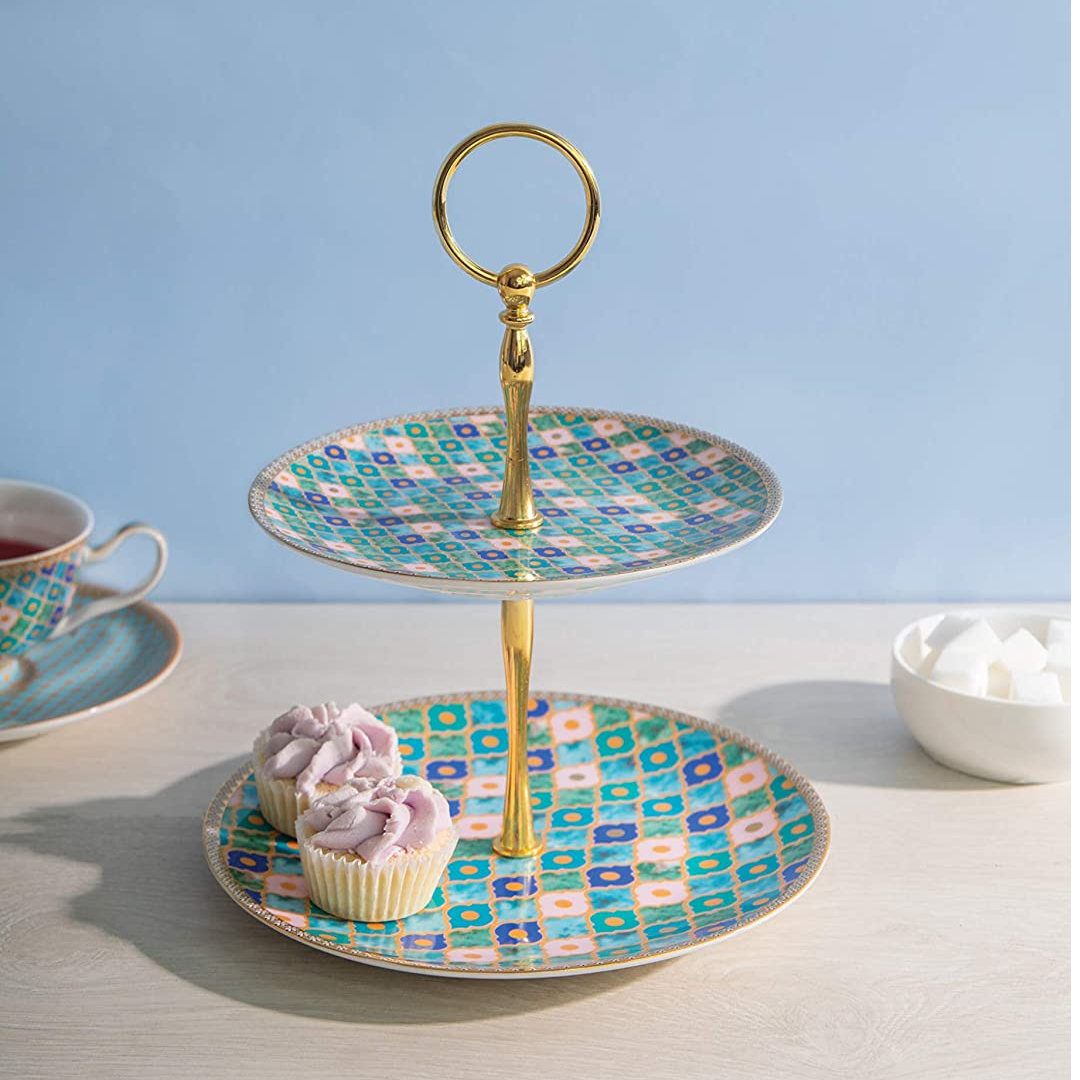 Maxwell & Williams HV0123 Teas & C’s Kasbah Cake Stand in Gift Box, Porcelain, Mint Green, 2 Tiers
