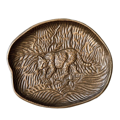 Artesà Oval Serving Platter, Rustic Embossed Metal Plate with Leopard Design, 24 x 21cm