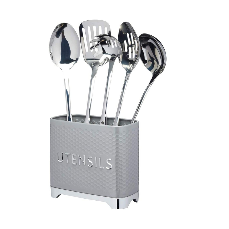 LOVELLO KitchenCraft Textured Utensil Holder with Geometric Hexagon Pattern, 20 x 10 x 18 cm (8" x 4" x 7") - Shadow Grey