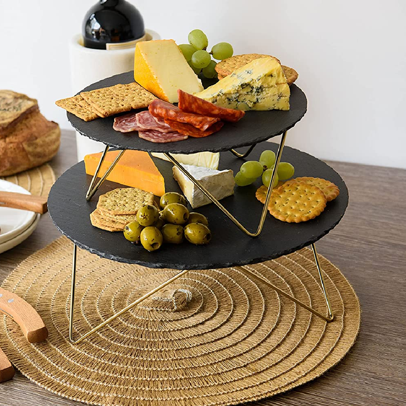 Artesà Multi-Tier Serving Plate, 2 Round Slate Serving Stands with Raised Metal Legs, for Tea Hours, Cheese, Cakes, Sandwiches and More, 30.5 x 30.5 x 24 cm
