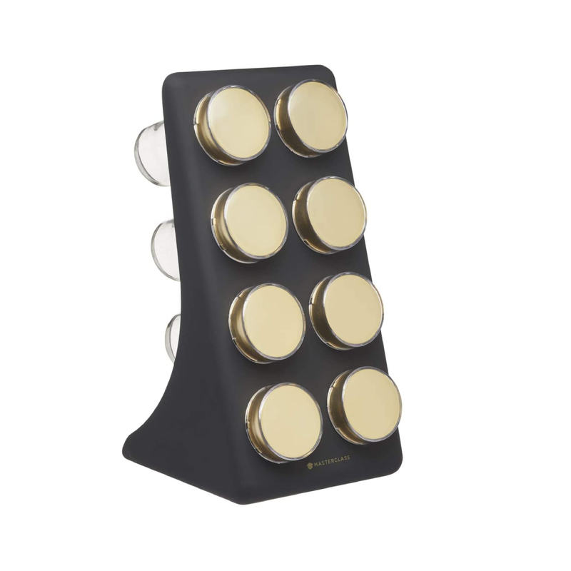 MasterClass Herb and Spice Rack Set with 8 Brass Finish Lidded Jars and Gift Box, Black Effect, 9 Piece