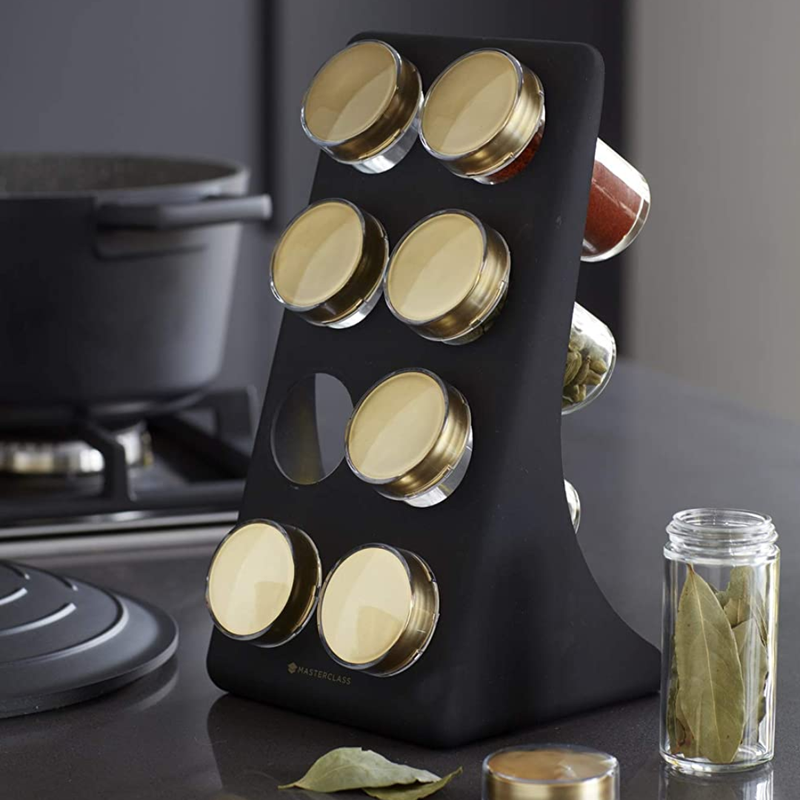 MasterClass Herb and Spice Rack Set with 8 Brass Finish Lidded Jars and Gift Box, Black Effect, 9 Piece