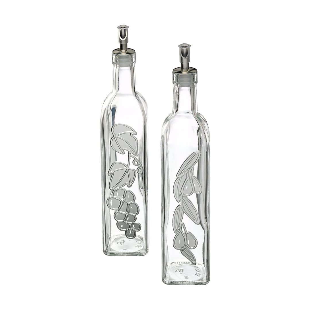 KitchenCraft World of Flavours Decorated Glass Oil and Vinegar Bottles, 500 ml & Stainless Steel Mini Kitchen/Hip Flask Funnel, 5.5 cm (2")