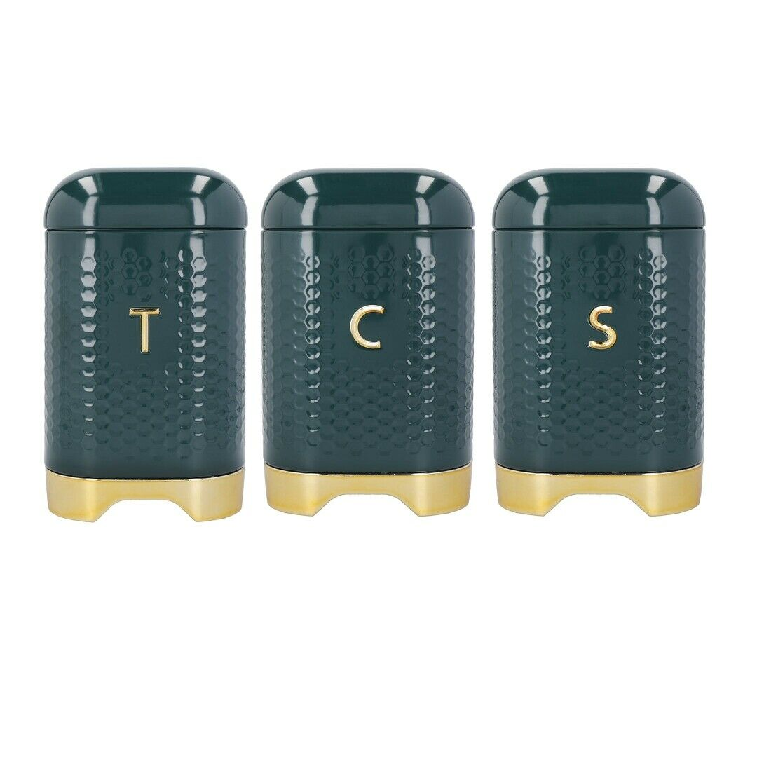 LOVELLO Textured TEA COFFEE SUGAR Storage TINS GREEN Kitchen JARS