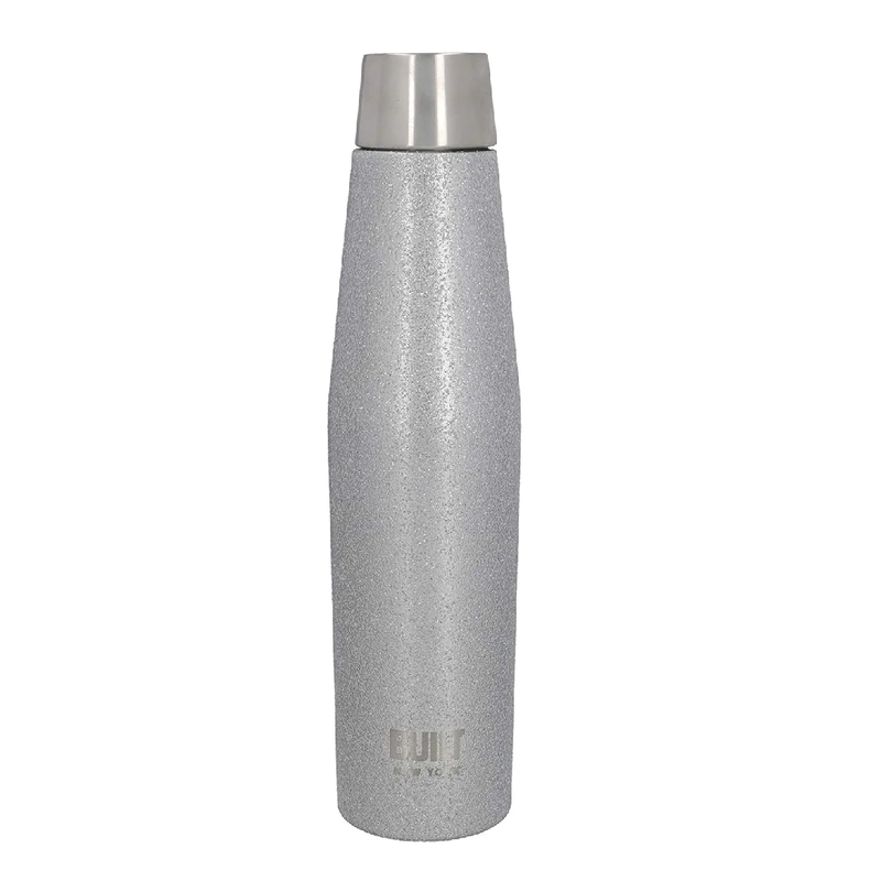 BUILT Apex Insulated Water Bottle w/ Leakproof Perfect Seal Lid, Sweatproof 100 percent Reusable BPA Free 18/10 Stainless Steel Flask, Silver Glitter, 540ml